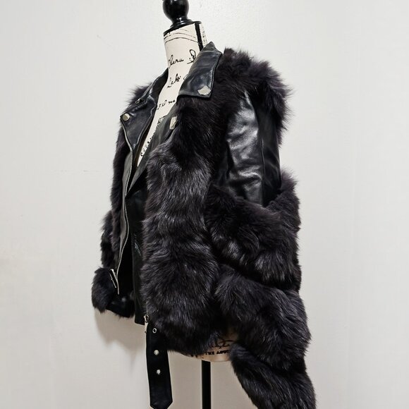 New Real Fox Fur Lamb Leather Jacket Blazer Dark Grey Charcoal Black No Mink - Picture 3 of 5